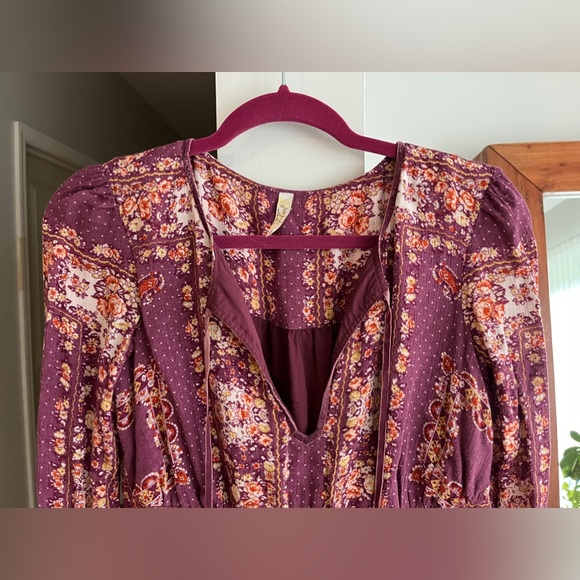 FREE PEOPLE Bridgette Floral Long Sleeve Boho Mini Dress In Berry Combo - Picture 5 of 9